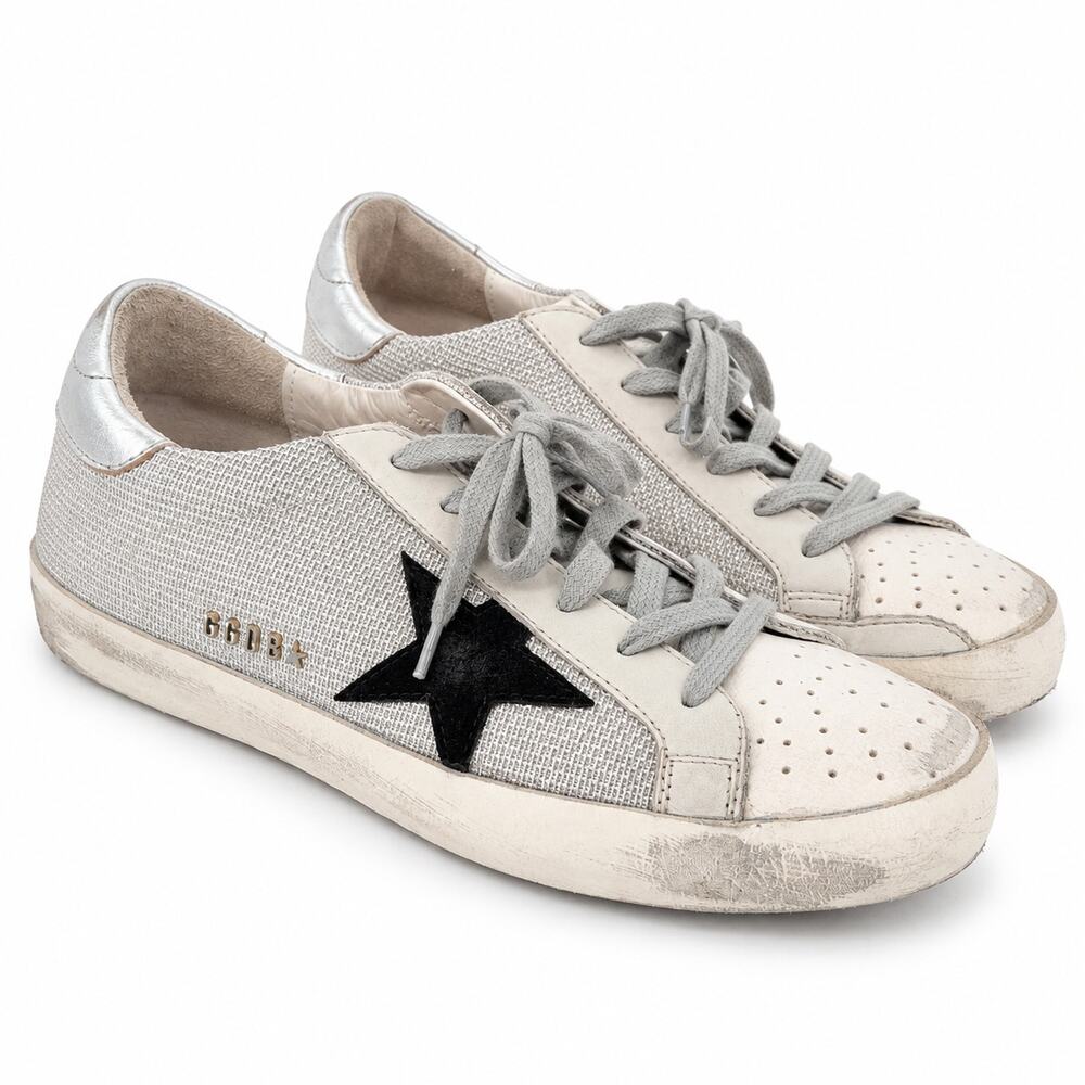 Golden Goose Superstar Sneakers 39 Silver Mesh Black Star Distressed GGDB